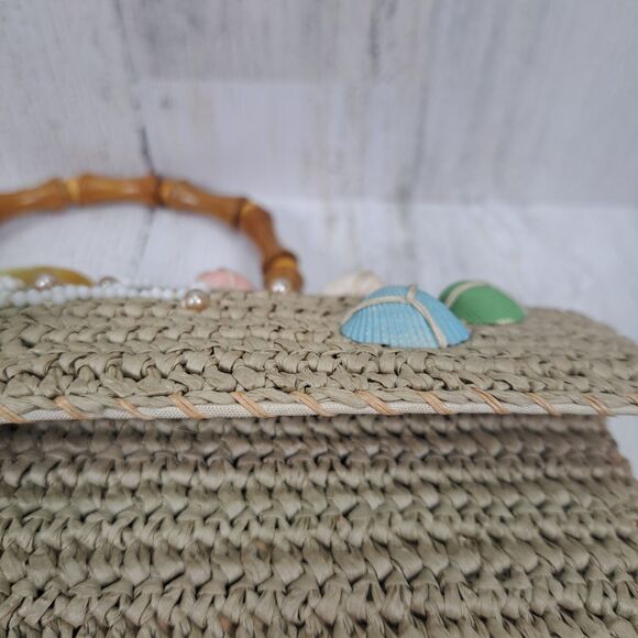 VTG Handbag Woven Raffia Straw Purse Wood Handle Sea Shells Boho Beach Cruise - Picture 6 of 14